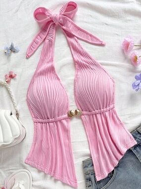 Shein Pink Halter Top L V Neck Open Back Ruffle Shell Detail Beachy Cami